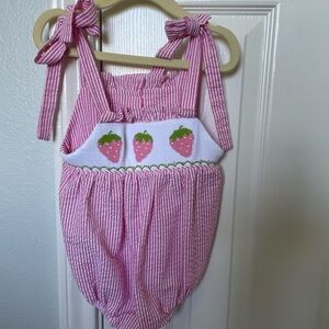 Pink Seersucker Strawberry One-Piece Romper with Tie Straps